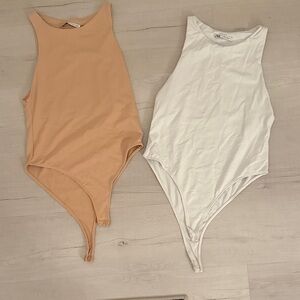 2 High Neck Bodysuits - White and Tan